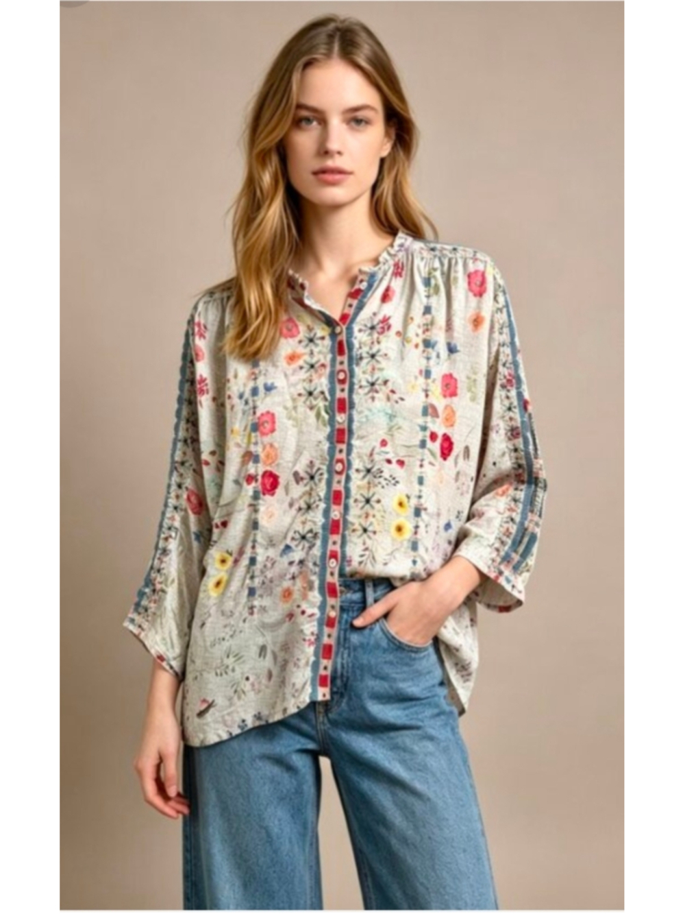 Johnny Was Biya Embroidered Floral Boho Button-Down Shirt Blouse M Oversized